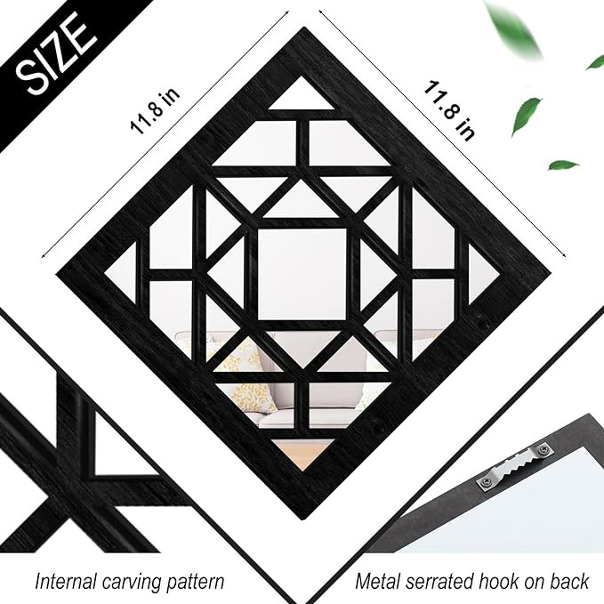 KOYILTD 2 PCS Square Wall Mirror,Rustic Farmhouse Wall Mirrors,12 inch Small Mirror Art (style1 Black)