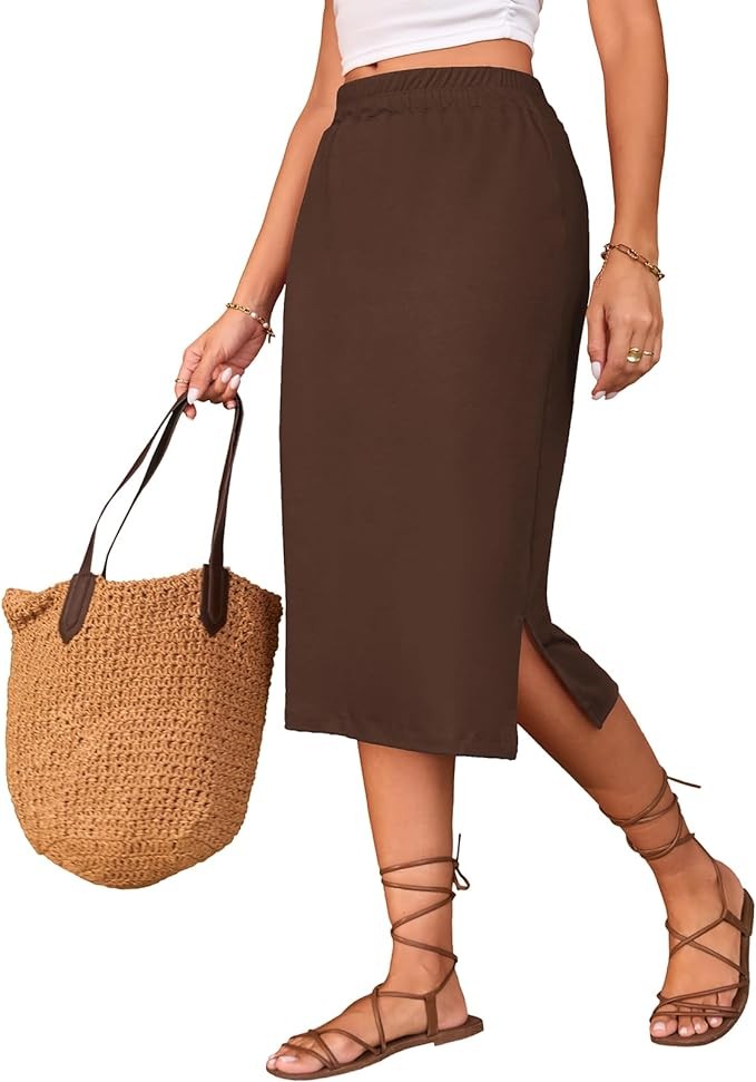 Naggoo Midi Skirts for Women Summer Elastic High Waisted Side Slit Long Skirt