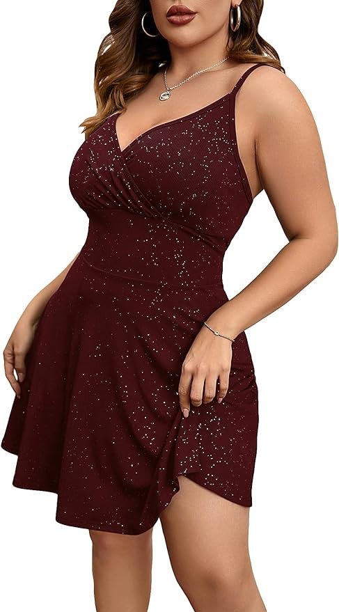 Floerns Women's Plus Size Sleeveless Glitter Dress Wrap V Neck Flared Short Dress