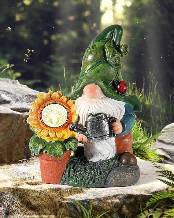 iStatue Garden Gnomes Outdoor Solar Light - Resin Figurine Statue with Watering Can Sunflower LED - Patio Decor for Lawn Yard, Unique Fairy Gifts (8'' Gnome)