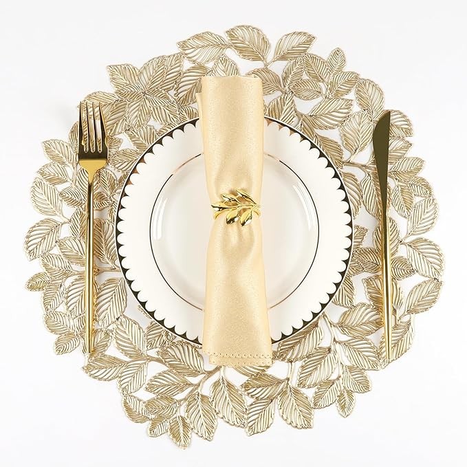 Evevda Gold Leaf Placemats Set of 6 Metallic Table Place Mats Wipeable Round Pressed Vinyl Dining Mats for Kitchen Decorations Gatherings Wedding Dinner