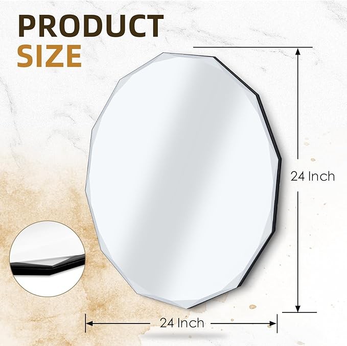 QDSSDECO 24" x 24"Beveled Edge Frameless Wall Mount Mirror, Irregular Shaped, Unique Vanity Mirror, Frameless Wall Mirror for Bathroom, Living Room, Bedroom, Entryway