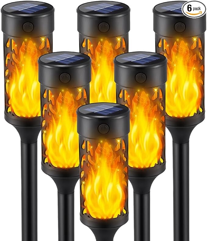 6Pcs Solar Lights Outdoor Waterproof, Solar Tiki Torches with Flickering Flame, Solar Lights for Outside Decor, Solar Powered Outdoor Lights for Yard, LED Solar Garden Lights for Pathway Garden Decor