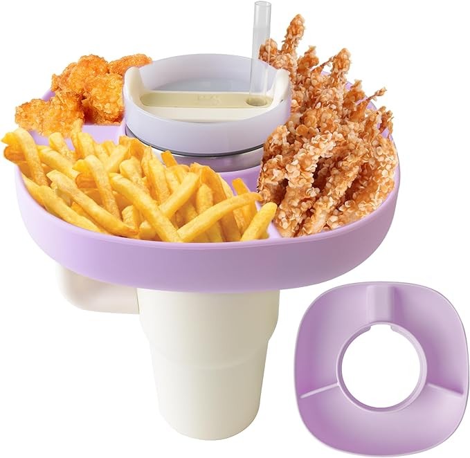 Snack Bowl for Stanley Cup 30 oz Tumbler with Handle,Portable Snack Tray for Stanley Cup,Reusable Stanley Cup Accessories Purple Silicone Snack Holder with 3 Compartments
