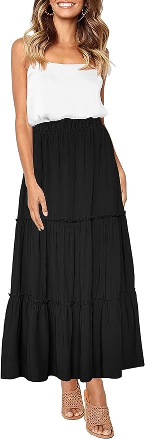 Afibi Womens High Waist A Line Ruffle Swing Long Maxi Skirt with Pockets