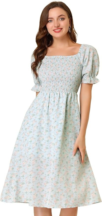 Allegra K Women's Square Neck Puff Sleeves Casual Midi Smocked Floral Dress