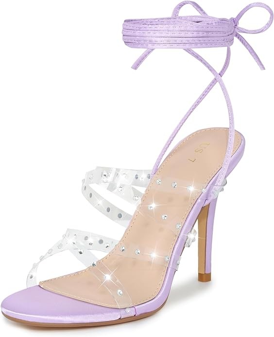 Allegra K Women's Strappy Rhinestone Clear Straps Lace Up Stiletto Heel Sandals