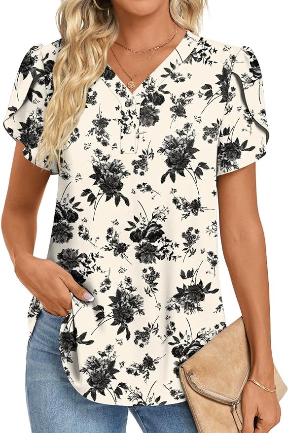 HOTGIFT Womens 2024 Summer Tunic Tops Casual Short Sleeve V Neck Blouse Buttons Chiffon Tshirts for Leggings Soft Comfy