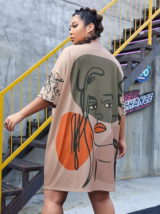 SOLY HUX Women's Plus Size Graphic Print Half Sleeve Loose T Shirt Dress