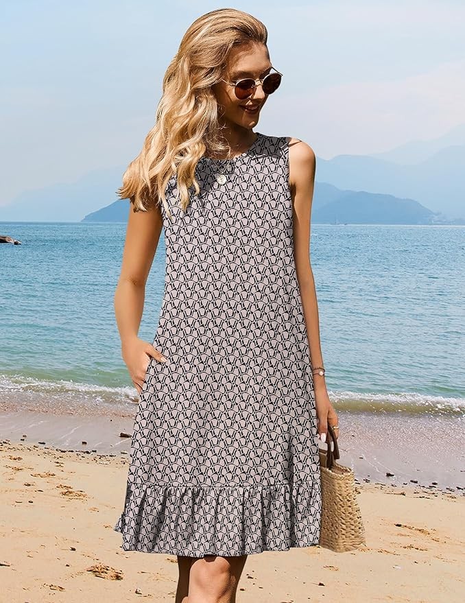 HOTOUCH Women's Summer Dresses Casual Loose Sleeveless Tshirt Sundress Ruffle Hem Tank Dress Beach Dress with Pockets