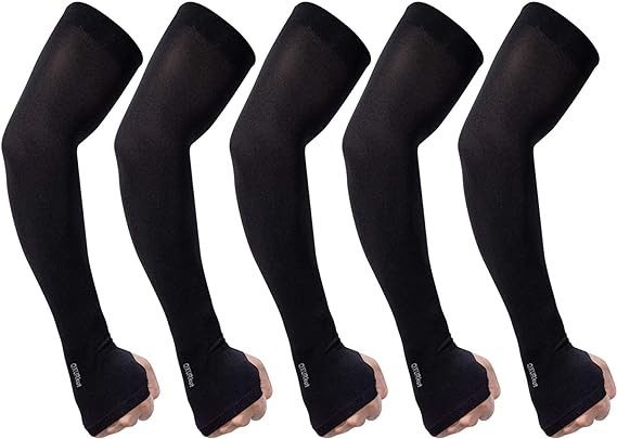 QXURkut Arm Sleeves for Women Men, 5 Pairs Cooling UPF50 UV Protection Sun Sleeves Sports Compression Sleeves to Cover Arms, Thumb Hole, Black