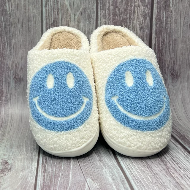 Smiley Face Slippers (Unisex), Slip Resistant, Slide-On House Shoes, Blue (US Womens 9 / Mens 7.5)