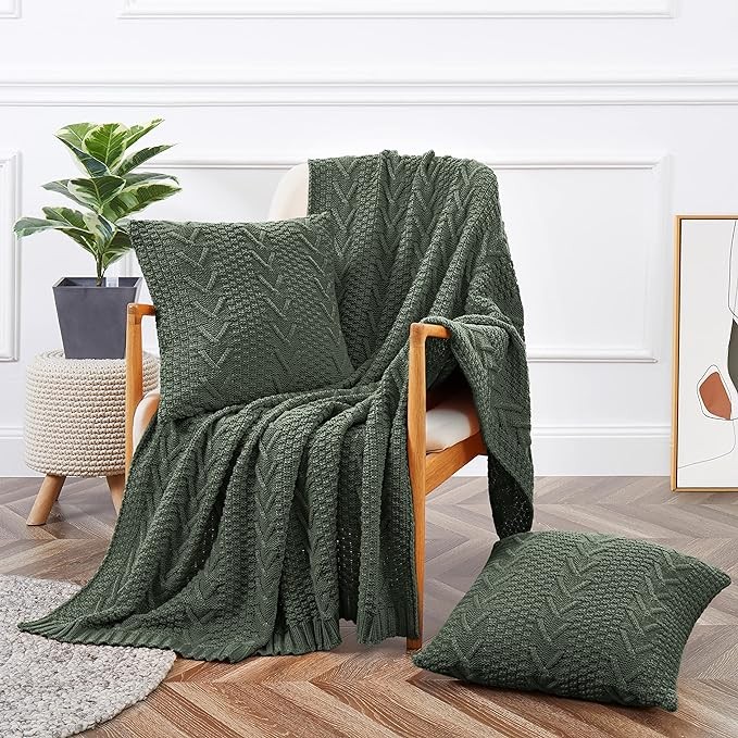 Aormenzy Knitted Throw Blanket (50" x 60") and 2 Pillow Covers (18" x 18"), 3 Piece Grayish Green Throw Blanket Set, Decorative Throw Blankets for Couch Sofa Bed Living Room