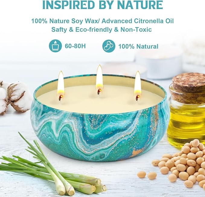 Ofun Citronella Candles Outdoor Decorative 36oz, 3 Wick Soy Wax Lemongrass Candle Set, Scented Candle Jar Candle Bulk Up to 240hrs, Summer Camping Candles for Patio, Garden, Balcony, Camping, BBQ