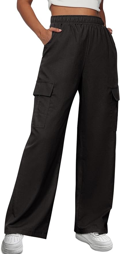 Simplee Women's Casual Cargo Pants High Waisted Wide Leg Summer Linen Pants Baggy Trousers Pants 6 Pockets