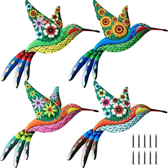 4 Pack Metal Hummingbird Wall Art Decor Iron 4D Hummingbird Outdoor Wall Sculpture Outdoor Garden Fence Hanging Decor Colorful Bird Wall Art Decorations with nails for Patio Living Room Bedroom