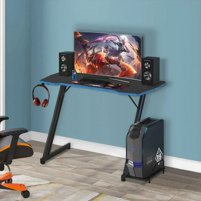 39 inch Z Shaped Ergonomic Gaming Desk PC Computer Desk with Headphone Hook for Game Players,Blue