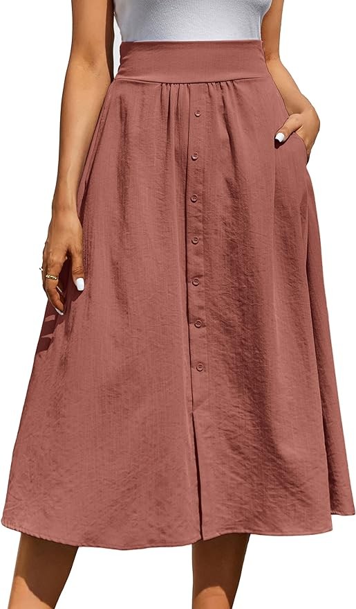 Kate Kasin Women's High Waist Midi Skirt Vintage Elastic A-Line Pleated Button Skirts with Pockets