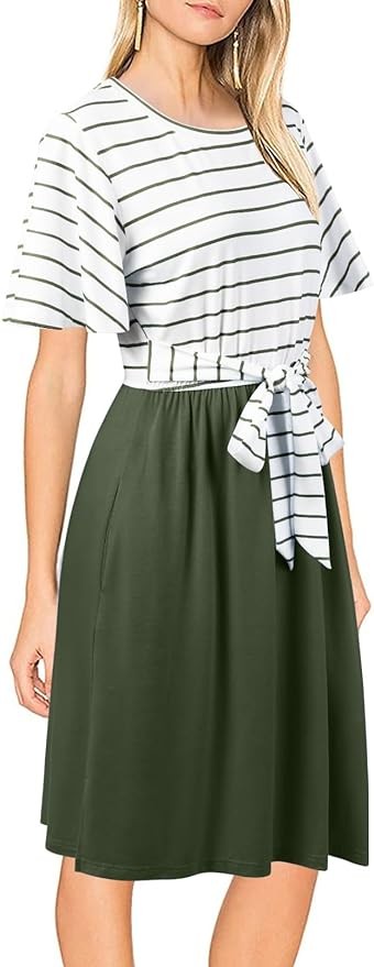 MEROKEETY Women's 2024 Summer Striped Ruffle Sleeves Tie Waist Pockets Casual Swing Midi Dress