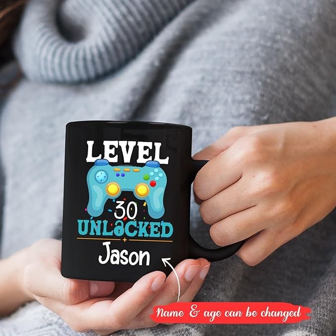 Level Unlocked Coffee Cup For Men Women, Level Unlocked Mug, Customized Birthday Gifts For Gamer/Gaming Lovers, Personalized Happy Birthday Ceramic Mug, Birthday Gift Idea, Black Cup 11oz or 15oz