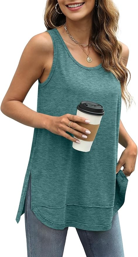 WIHOLL Loose Fit Tank Tops for Women Scoop Neck Summer Side Split Sleeveless Shirts 2024 Fashion