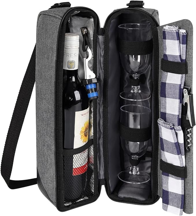 ALLCAMP Wine Tote Bag with Cooler Compartment，Picnic Set Carrying Two Sets of Tableware（Gray）