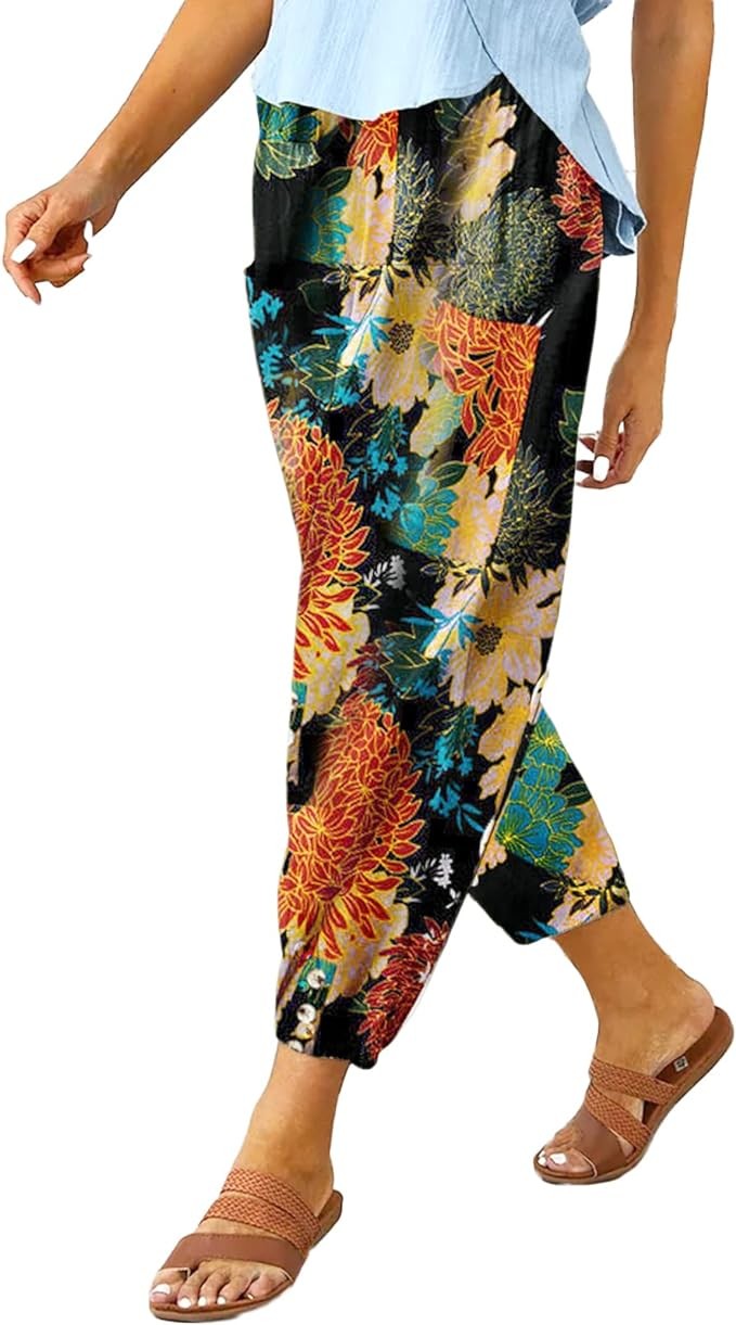 Women's Casual Lantern Tapered Harem Pants Loose Fit Style Flax Ankle Trousers Summer Baggy Slacks with Pocket