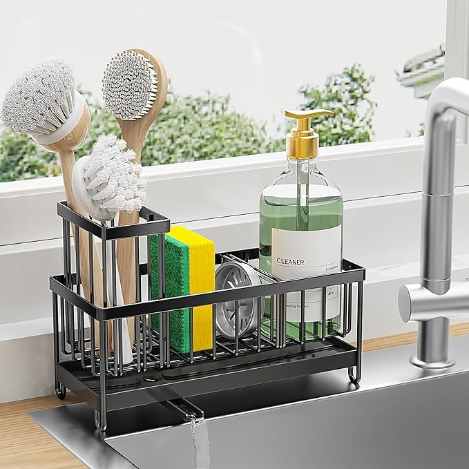 Cisily Sponge Holder for Kitchen Sink, Sink Caddy with High Brush Holder, Organzier Rustproof 304 Stainless Steel Dish Organizer Divider, Soap Dispenser Storage