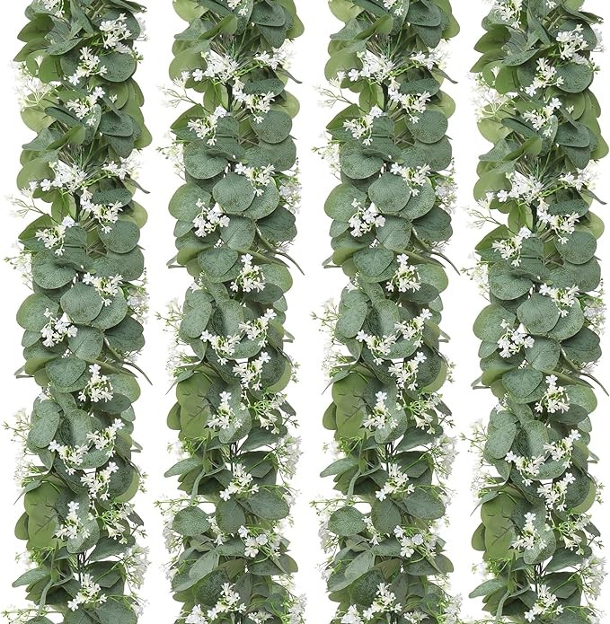 KHOYIME Eucalyptus Garland with White Flowers, 4 Packs 5.9Ft Artificial Silver Dollar Eucalyptus Leaves Plant Fake Greenery Hanging Ivy Vines Faux Wreath for Wedding Arch Party Mantle Table Home Decor
