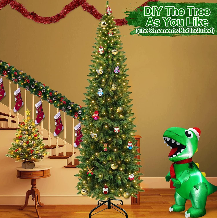 6.5Ft Pencil Christmas Tree Green Branches W/ Lights Holiday Decoration