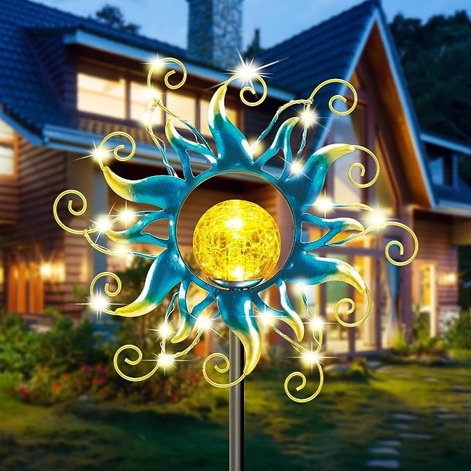 Kacux Solar Garden Metal Sun Lights Decor, Golden Blue Stake Decorative with Vine String Shining LED Lamps Art Sun Sculpture Crackle Glass Globe Outdoor Lawn Yard Ornament, (TYD01)