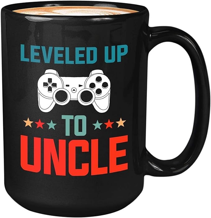 Uncle Coffee Mug - Leveled Up to Uncle - Vintage Fun Unique Gamer Gaming Video Games Father's Day from Aunt Nephew Niece 15oz Black