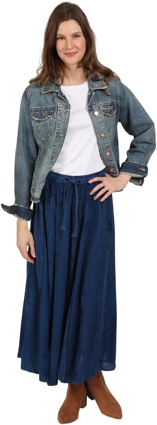 Women's Floral Embroidered Maxi Skirt-Over-Dyed Long Peasant Skirt, Ankle Length