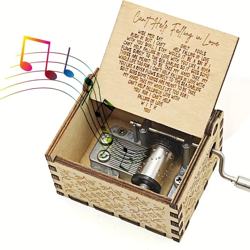 1pc Can’t Help Falling In Love Music Box, Music Box Hand Crank Laser Vintage Wood Carved Musical Box Gifts For Gifts For Lover, Boyfriend, Girlfriend, Husband, Wife (Heart-Can’t Help Falling In Love)
