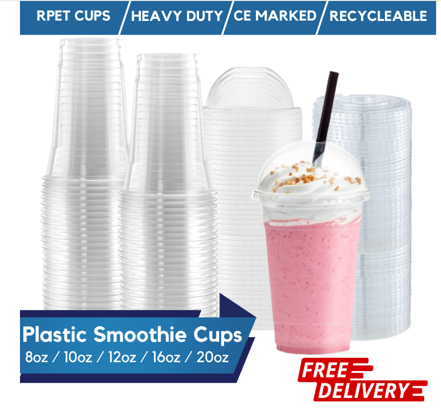 Disposable Plastic Smoothie Milkshake Cups + Lids 8oz 10oz 12oz 16oz 20oz Slushy