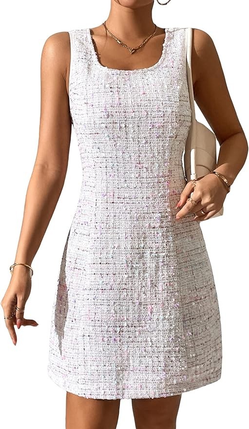 SOLY HUX Women's 2024 Elegant Tweed Dress Summer Sleeveless Dress White Cocktail Dress Business Casual Dress for Women