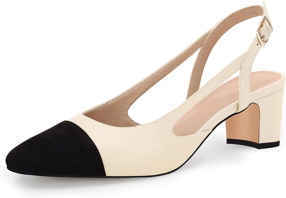 Coutgo Womens Slingback Kitten Heels Low Chunky Heel Splicing Toe Office Wedding Dress Pumps Shoes