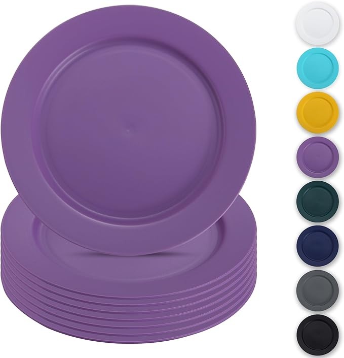 Berglander Plastic Plates Set of 8 Pieces 10", Purple Reusable Flat Dinner Plates, Salad Plates, Pasta Bowls, Dishes Set Easy to Carry for Home, Garden, Picnic, Camping, Outdoor