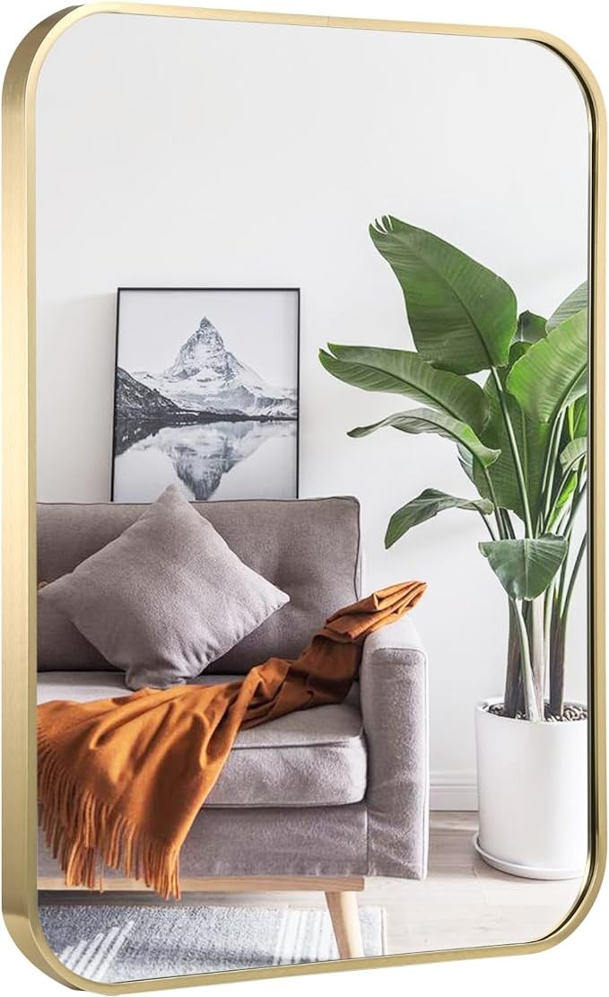 TITAMEG 24x36 Inch Bathroom Mirror for Wall,Gold Framed Rectangle Mirror with Rounded Corner,Aluminum Alloy Framed Brushed Wall Mirror for Bedroom or Living Room,Vertical or Horizontal