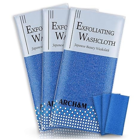 ARCH&M Exfoliating Washcloth Exfoliating Body Scrubber Back Scrubber for Shower Japanese Bath Wash Cloth Korean Exfoliating Luffah Towel Beauty Sponge Loofah Scrub 3 Pack (Navy-Blue x 3)