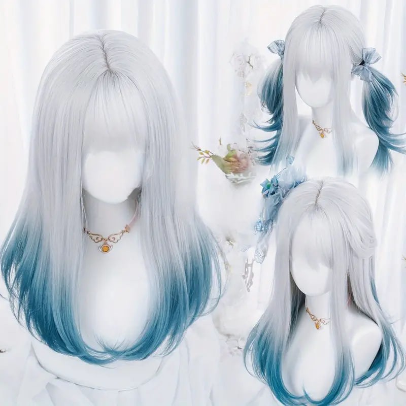 Women Synthetic Wig Long Straight Ombre Two Tone Silvery Grey Blue Hair For Cosplay With Bangs Anime Cosplay Wig Costume Wig For Halloween Party