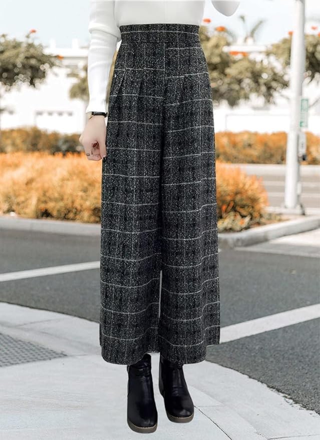 chouyatou Women's Winter High Waist Wide Leg Plaid Wool Blend Palazzo Capri Pants Culottes with Pockets