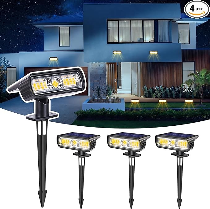 Toodour Solar Spot Lights Outdoor, 4 Pack Solar Lights Outdoor with 2 Modes, Waterproof Solar Powered Flood Lights Landscape Lighting for Yard Garden Home Pathway Walkway Outdoor Decor - Warm White