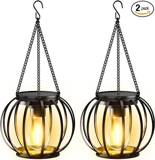 KOOPER Solar Lanterns Outdoor Lights, Upgraded Metal Solar Lantern Lights, Brighter Hanging Solar Lights Outdoor Waterproof, Auto On/Off Outdoor Solar Lights for Yard Garden Patio Pathway Decor 2 Pack