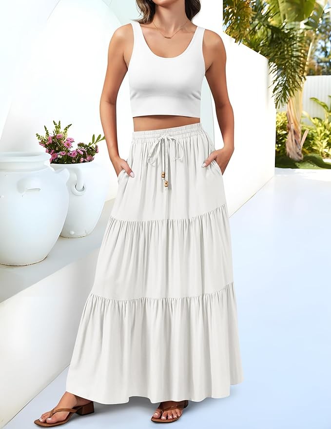 HAEOF Women's Summer Boho Elastic High Waist Maxi Skirt A-Line Flowy Swing Ruffle Tiered Long Beach Skirts with Pockets