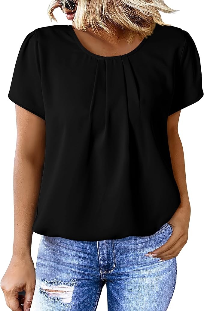 PRETTYGARDEN Women's Tops 2024 Casual Summer Round Neck Short Sleeve Basic Pleated Loose Fit Blouses Plain Tunic Shirts
