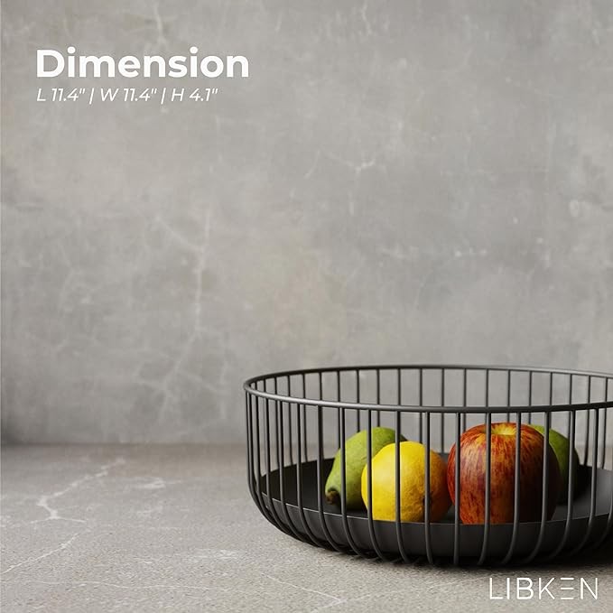 LIBKEN Black Fruit Basket - Stylish Metal Wire Fruit Bowl for Kitchens - Decorative Fruit and Veg Storage Holder - Ideal Kitchen Accessories for Modern Decor - Black, 1 Unit, H4xL11xW11 inches