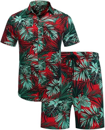 Litteking Men's Hawaiian Shirt Short Set Outfit 2 Piece Tracksuits Casual Floral Short Sleeve Shirts and Shorts Suit