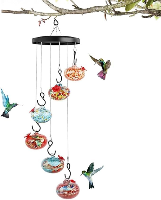 6 PCS Glass Charming Wind Chimes Hummingbird Feeders for Outdoors Hanging ant and bee Proof,Never Leak, Bird Feeders for Outdoors Hanging Decor Gifts for Window Garden Patio (Dazzling)