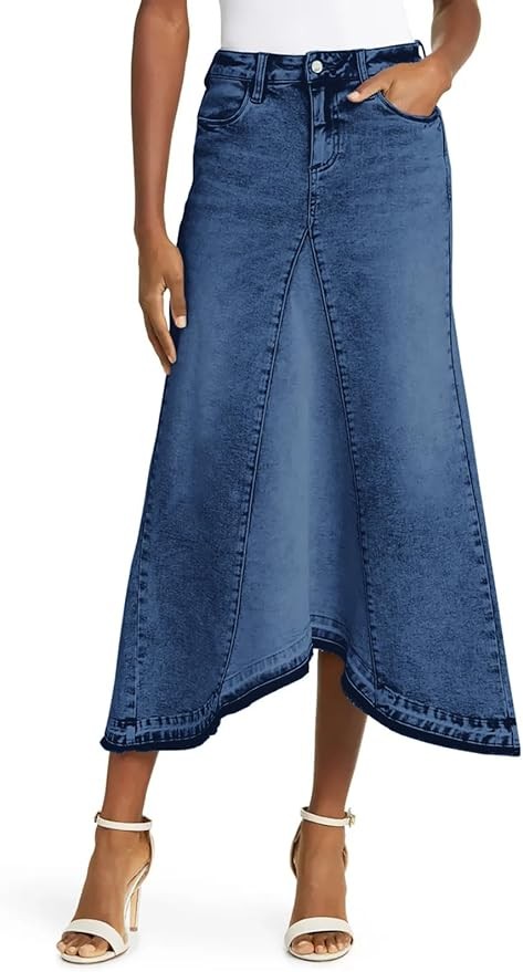 Fisoew Womens Denim Maxi Skirt Casual High Waist A-Line Frayed Irregular Hem Long Jean Skirt
